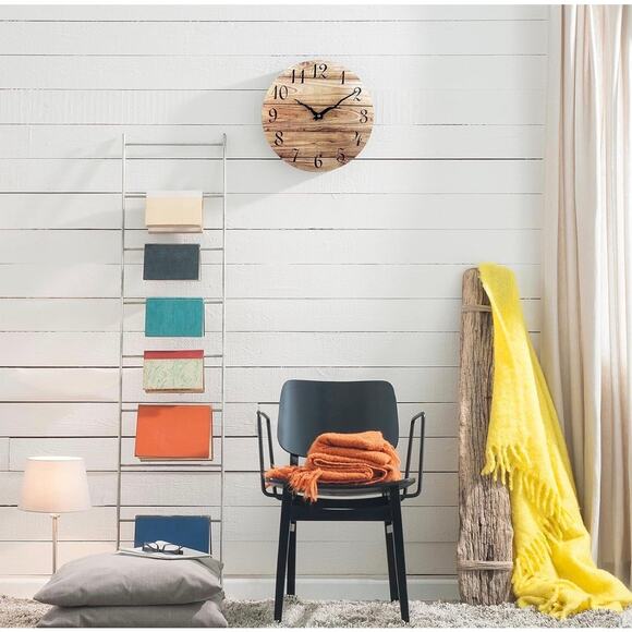 12in Wood plank rustic style round, frameless wall clock silent quartz movement - Picture 4 of 7